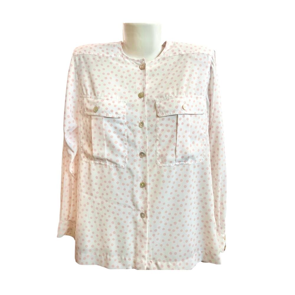 Liz Claiborne Women's Cream/Pink Polka Dots Front Pocket Long Sleeve Blouse SZ 4 - Picture 13 of 13